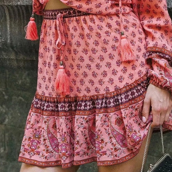 Paisley Boho Floral Gypsy Print Skirt Tassel Pink - Picture 3 of 12